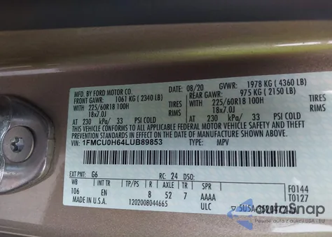 2020 Ford Escape Sel z USA, uszkodzony, nr VIN 1FMCU0H64LUB89853